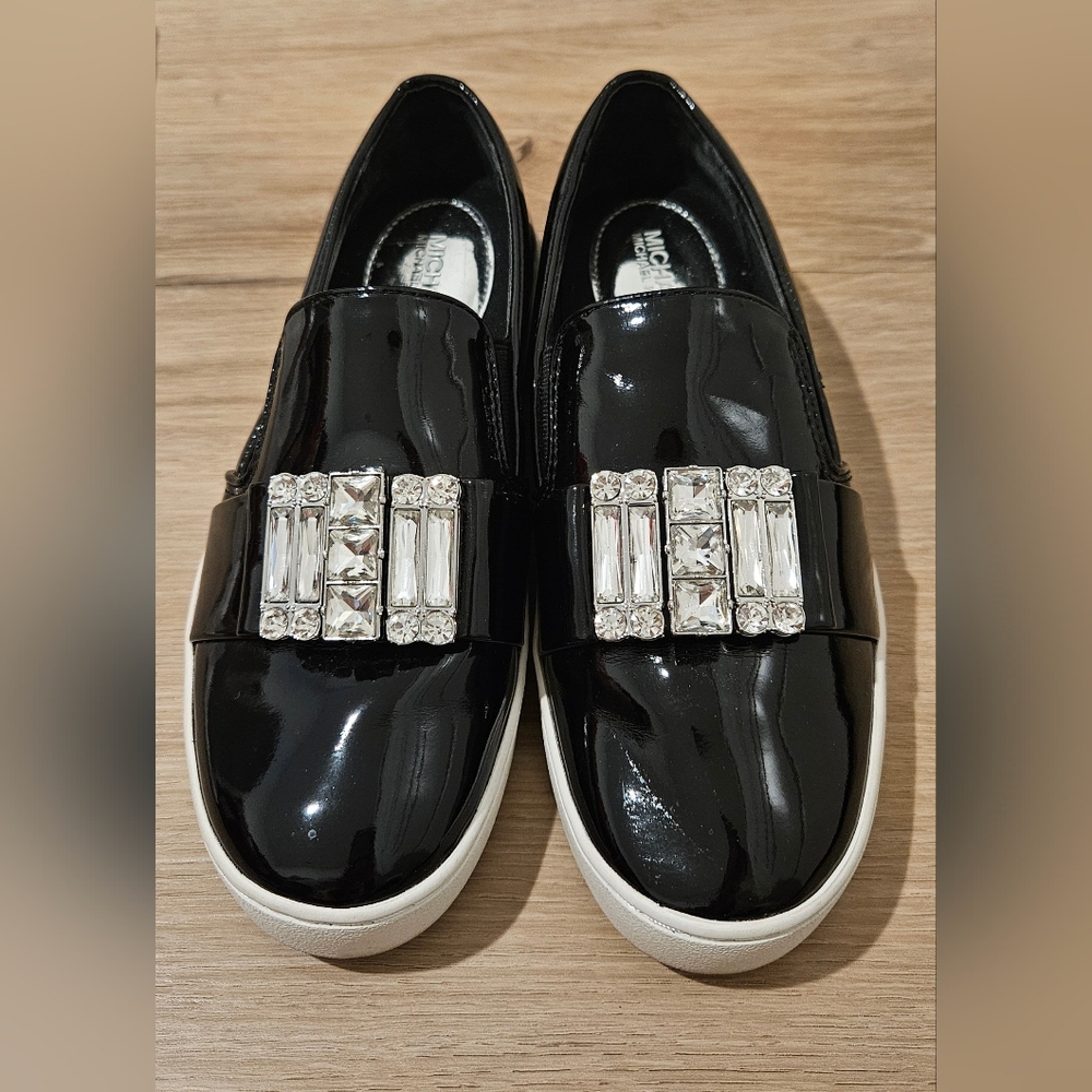Michael Kors Black Patent Slip-Ons with Rhinestone Detail Size 5
